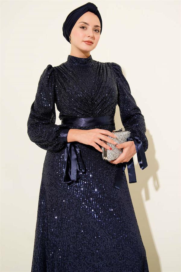 Sleeveless Sequin Evening Dress Navy Blue