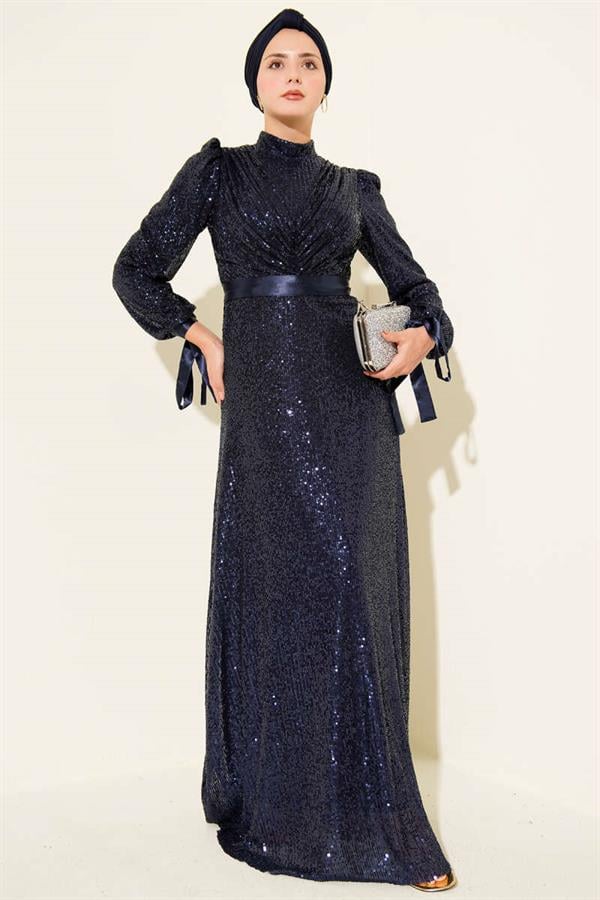 Sleeveless Sequin Evening Dress Navy Blue