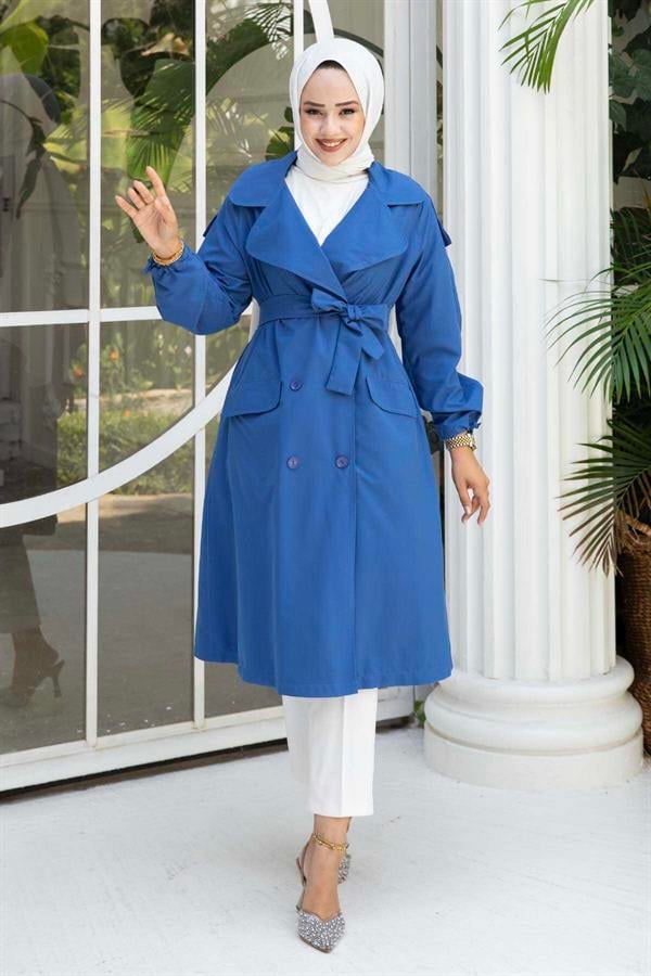Sleeve Tied Removable Belted Trench Coat Indigo