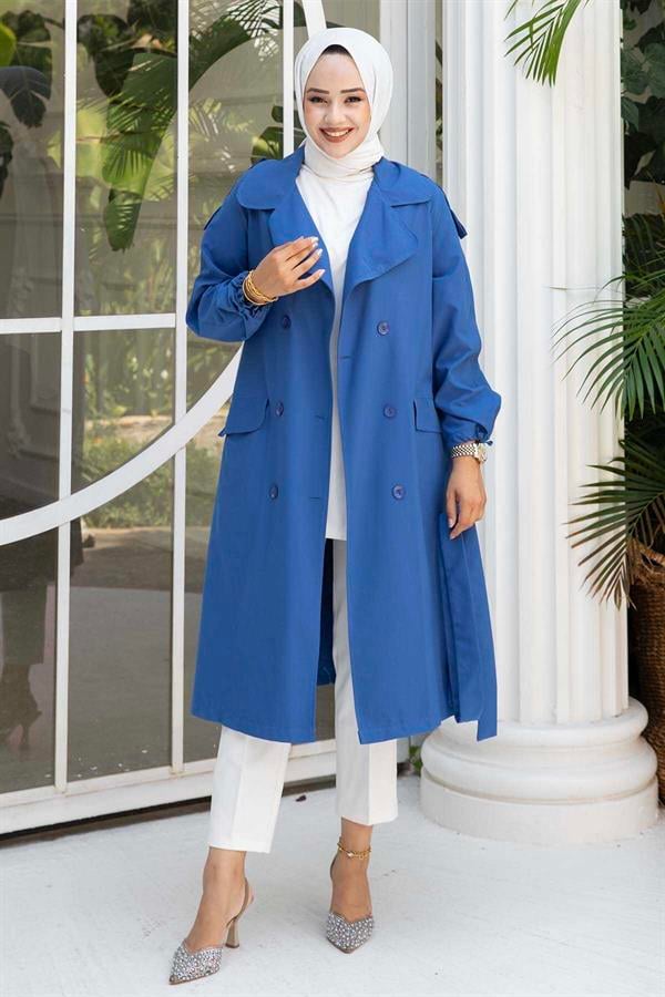 Sleeve Tied Removable Belted Trench Coat Indigo