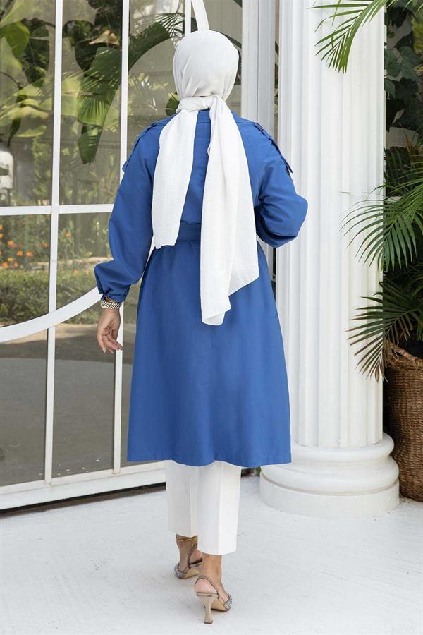 Sleeve Tied Removable Belted Trench Coat Indigo