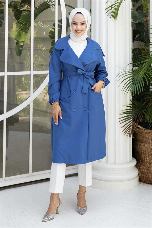 Sleeve Tied Removable Belted Trench Coat Indigo