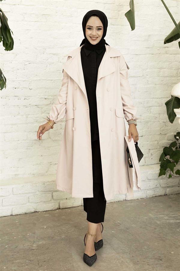 Trench Coat with Removable Belt and Laced Sleeves Stone