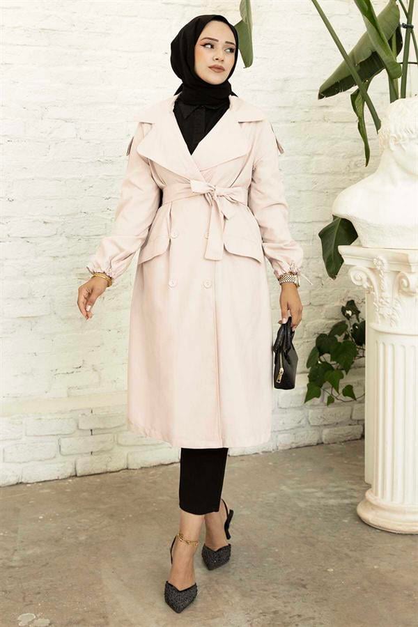 Trench Coat with Removable Belt and Laced Sleeves Stone