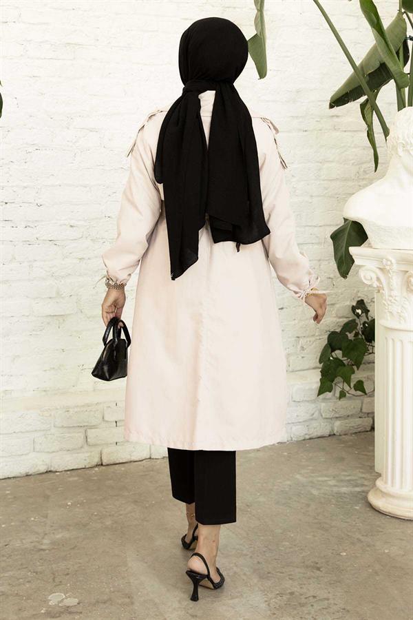 Trench Coat with Removable Belt and Laced Sleeves Stone
