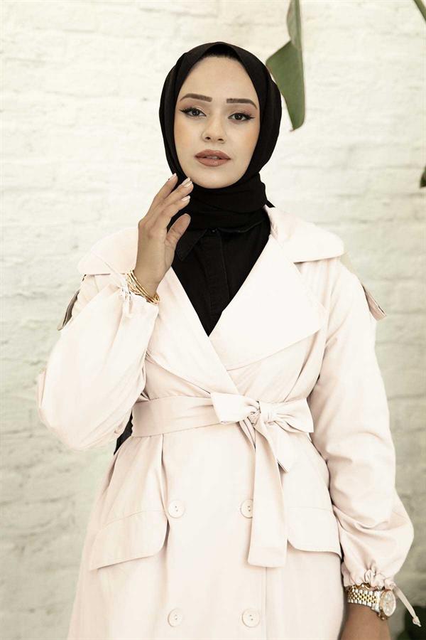 Trench Coat with Removable Belt and Laced Sleeves Stone