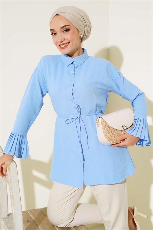 Cuff Pleated Shirt Blue