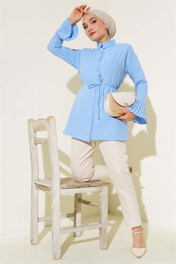 Cuff Pleated Shirt Blue