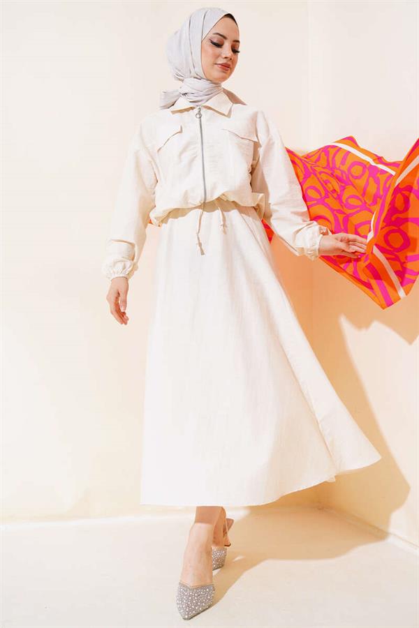 Skirted 2 Piece Set with Elastic Wrists Beige