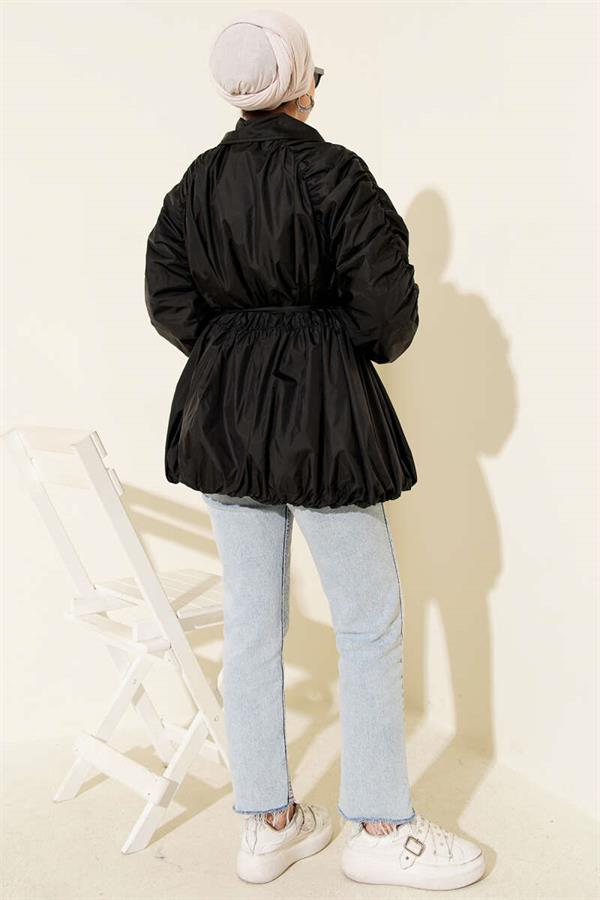 Zippered Trench Coat with Gathered Sleeves, Black
