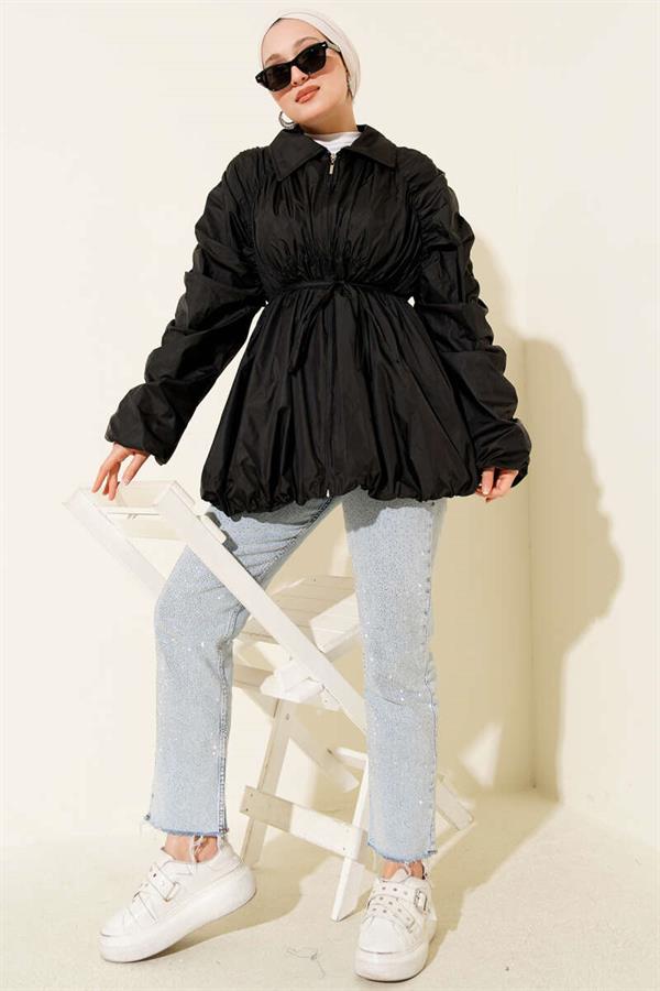 Zippered Trench Coat with Gathered Sleeves, Black