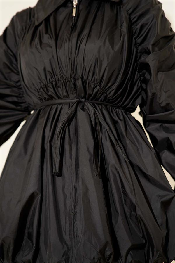 Zippered Trench Coat with Gathered Sleeves, Black
