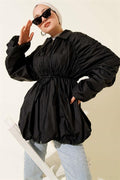 Zippered Trench Coat with Gathered Sleeves, Black