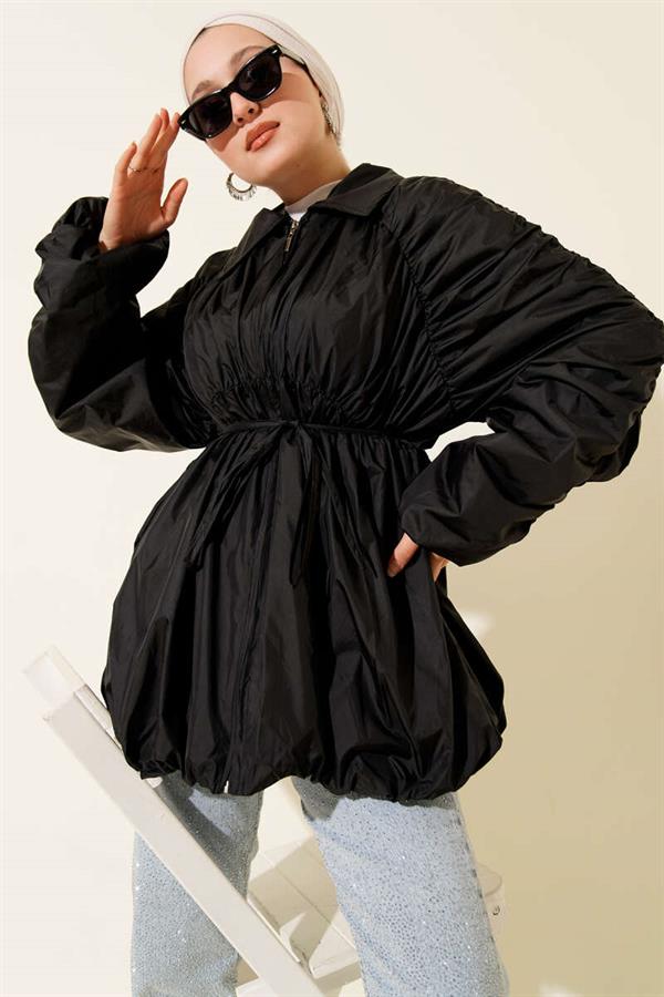 Zippered Trench Coat with Gathered Sleeves, Black