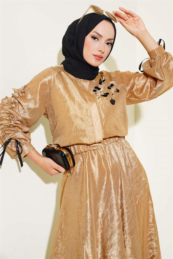 Gathered Sleeve Double-Piece 2 Piece Set Camel