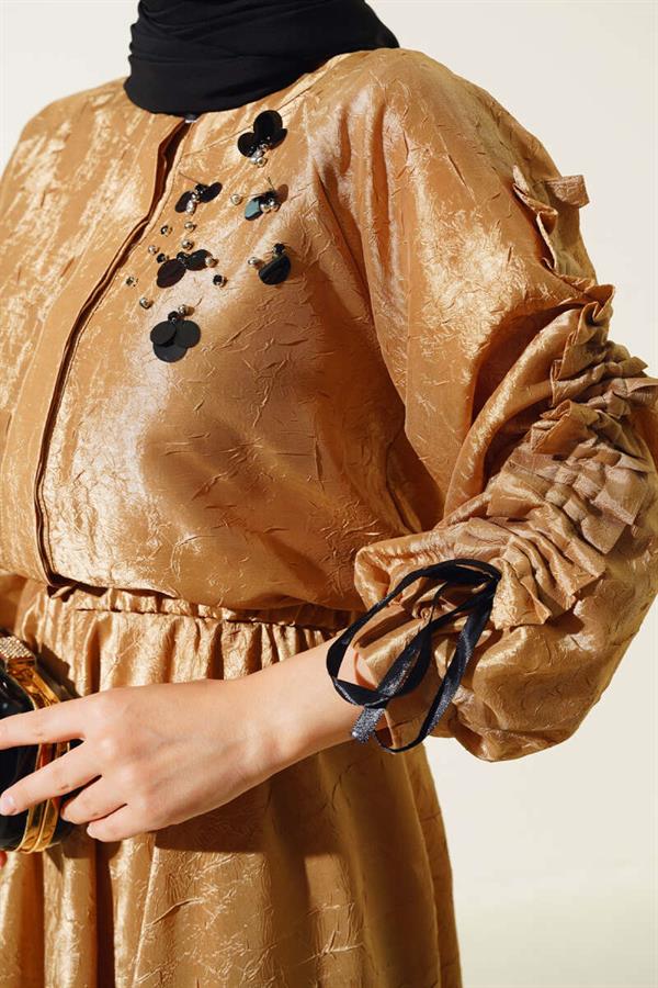 Gathered Sleeve Double-Piece 2 Piece Set Camel
