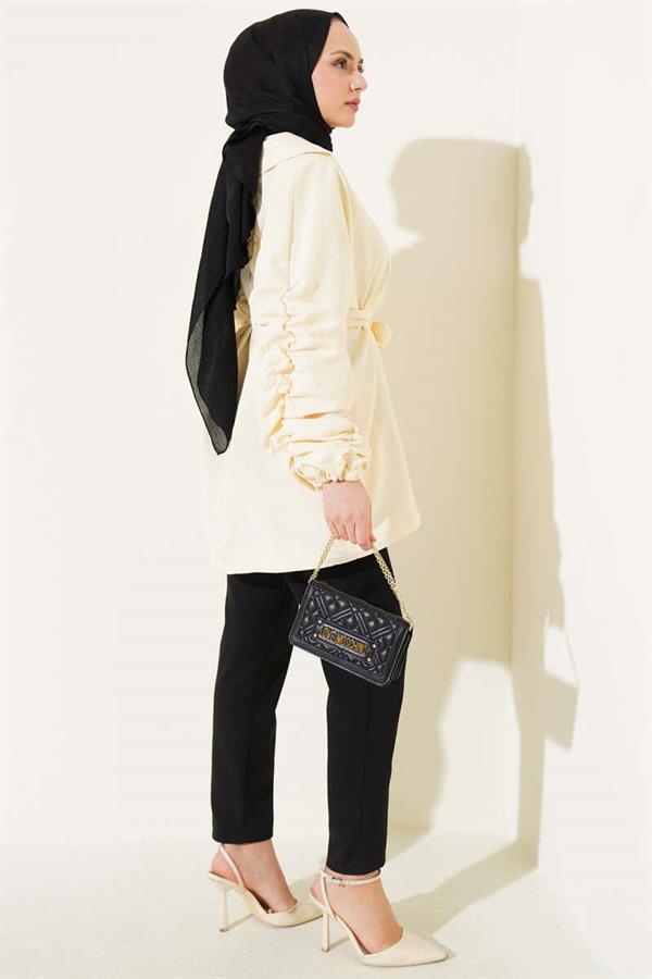 Gathered Sleeve Belted Jacket Beige