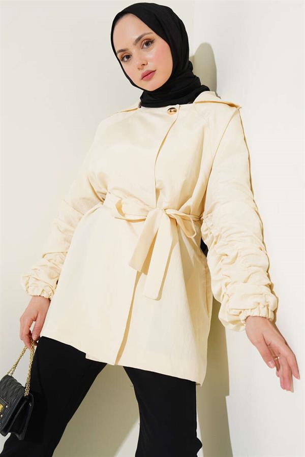 Gathered Sleeve Belted Jacket Beige