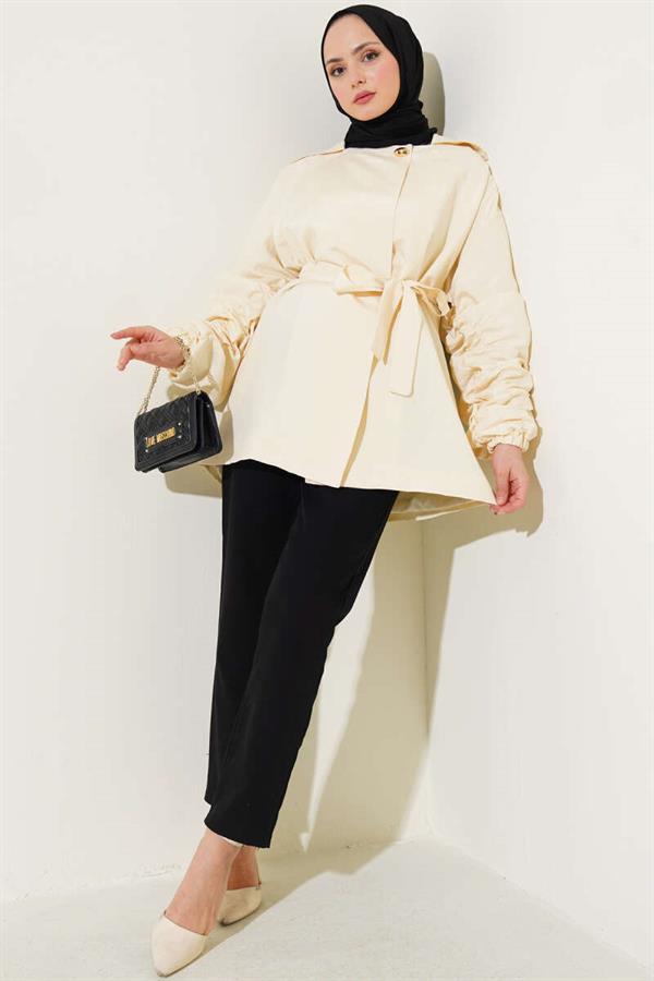 Gathered Sleeve Belted Jacket Beige