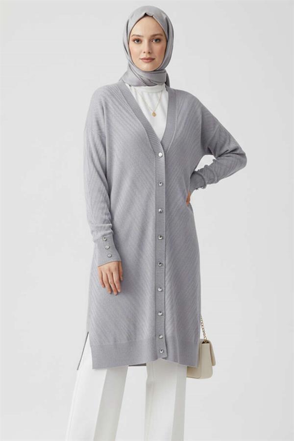 Gray Knitted Cardigan with Cufflink Detail