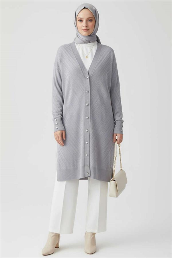 Gray Knitted Cardigan with Cufflink Detail