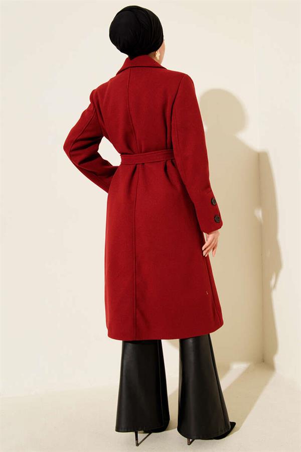 Cufflinked Belted Cashmere Coat Burgundy
