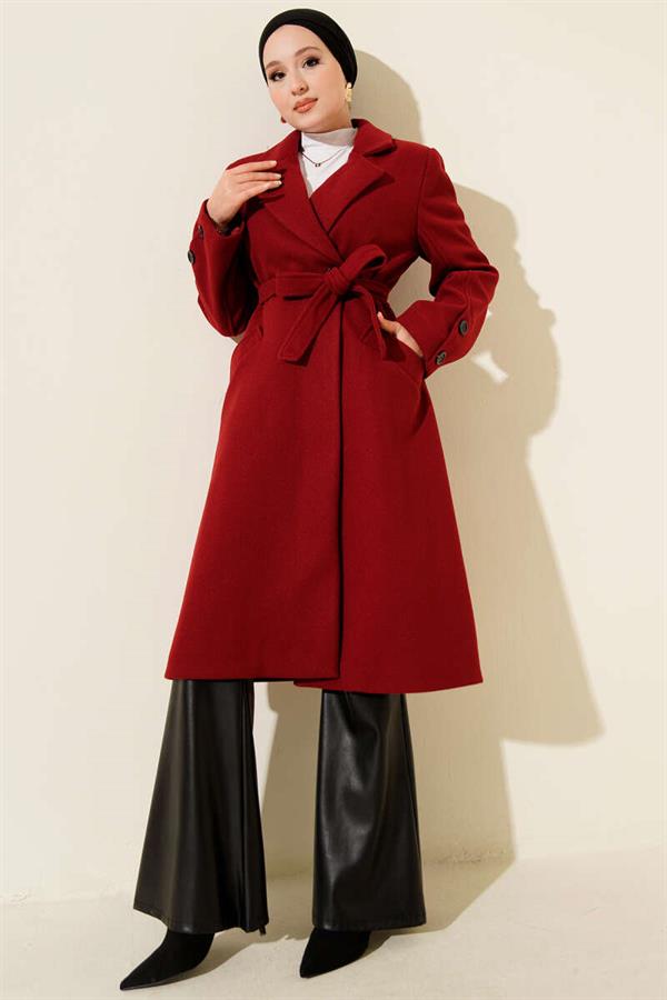 Cufflinked Belted Cashmere Coat Burgundy
