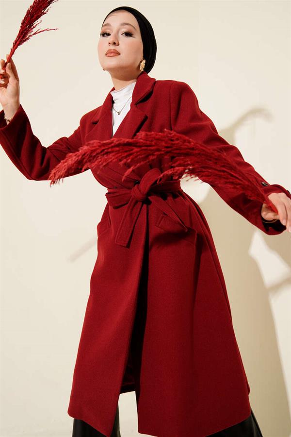 Cufflinked Belted Cashmere Coat Burgundy