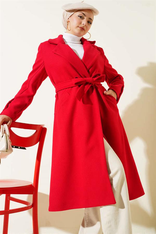 Red Belted Cashmere Coat with Cufflinks