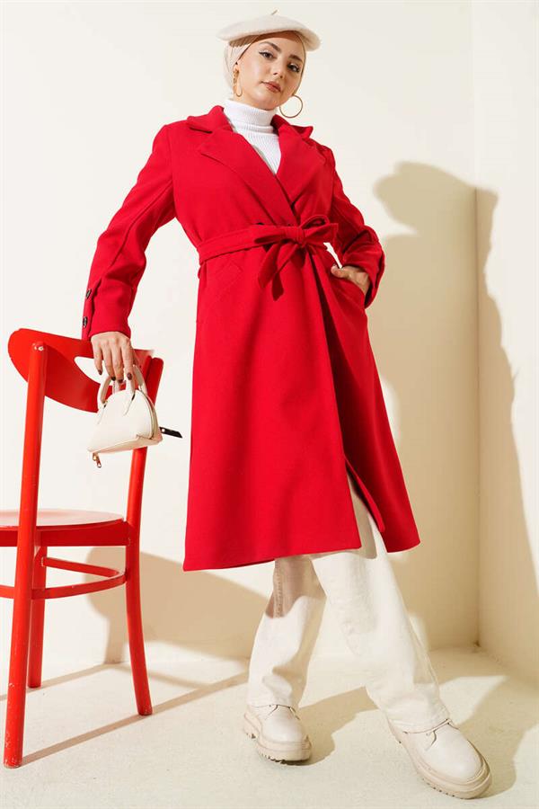 Red Belted Cashmere Coat with Cufflinks