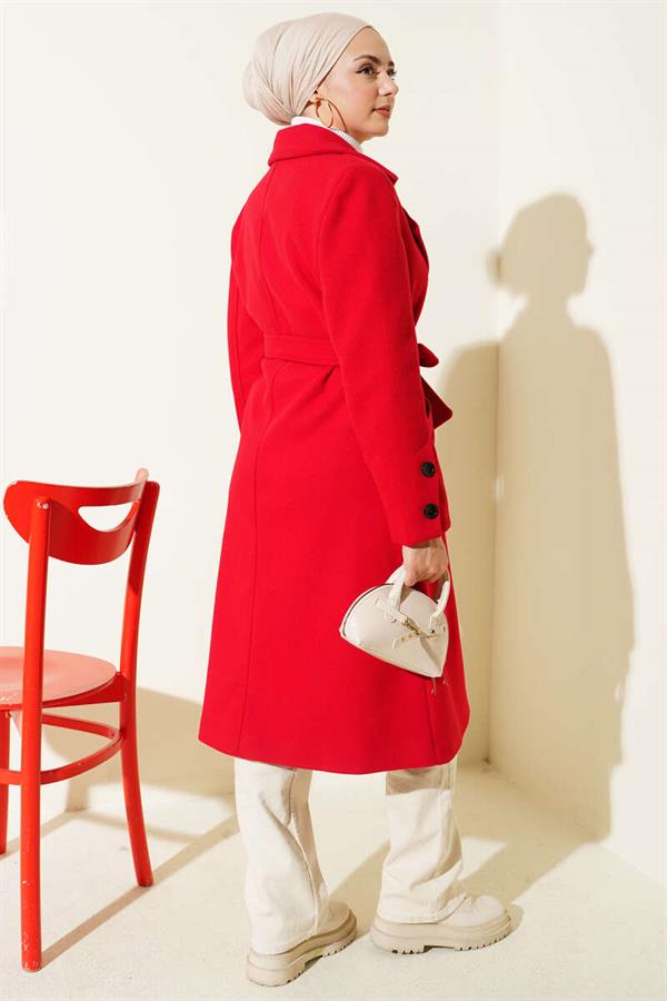 Red Belted Cashmere Coat with Cufflinks