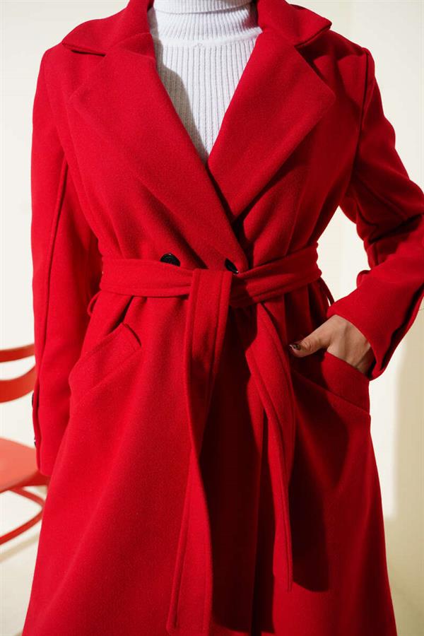 Red Belted Cashmere Coat with Cufflinks