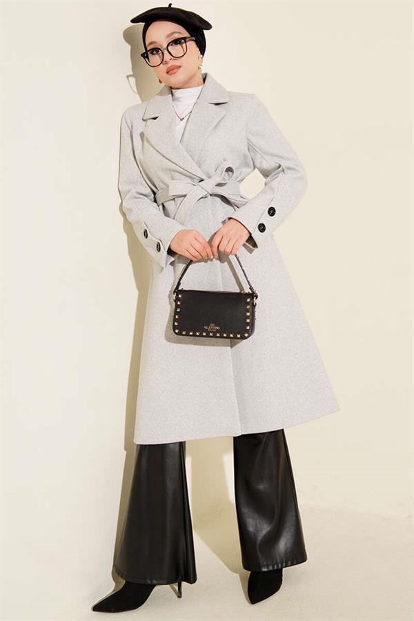 Cufflinked Belted Cashmere Coat Melange Gray