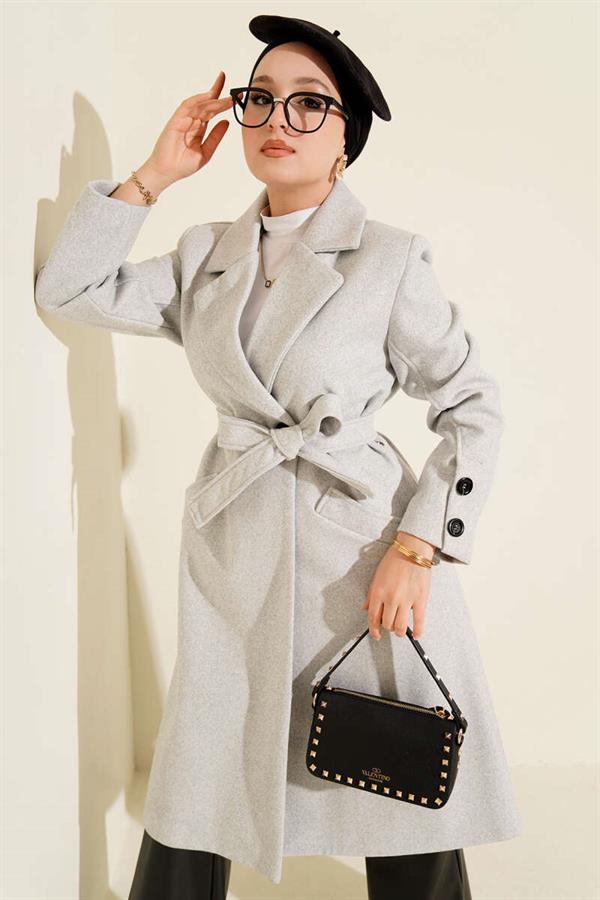 Cufflinked Belted Cashmere Coat Melange Gray