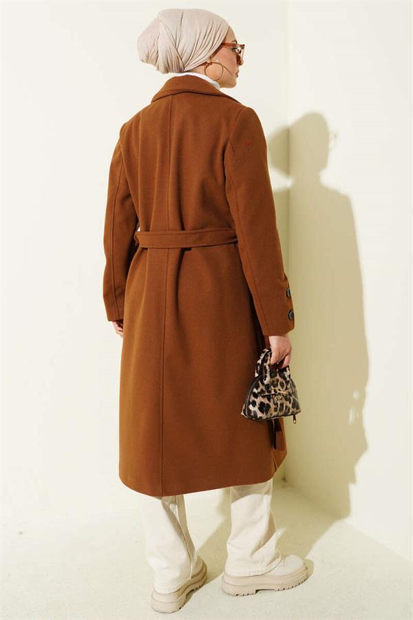 Cufflinked Belted Cashmere Coat in Tan