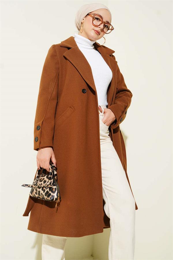 Cufflinked Belted Cashmere Coat in Tan