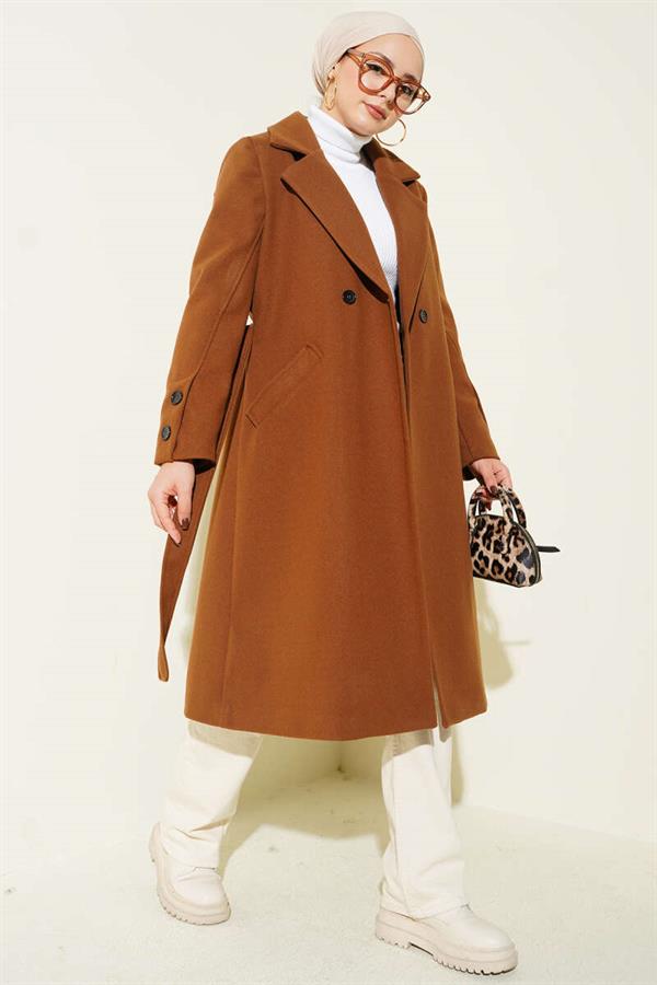 Cufflinked Belted Cashmere Coat in Tan