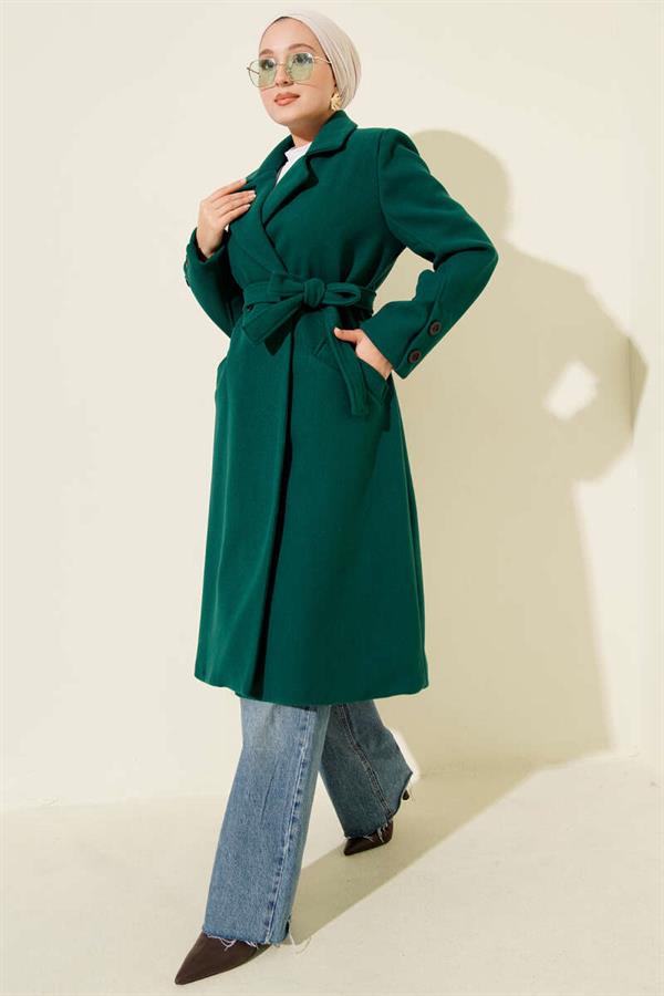 Belted Cufflinked Cashmere Coat Emerald