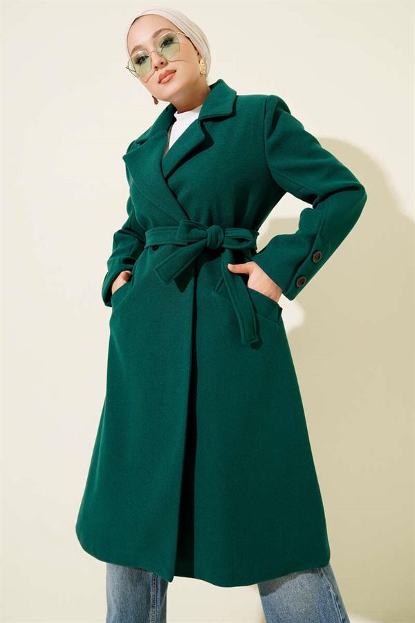 Belted Cufflinked Cashmere Coat Emerald