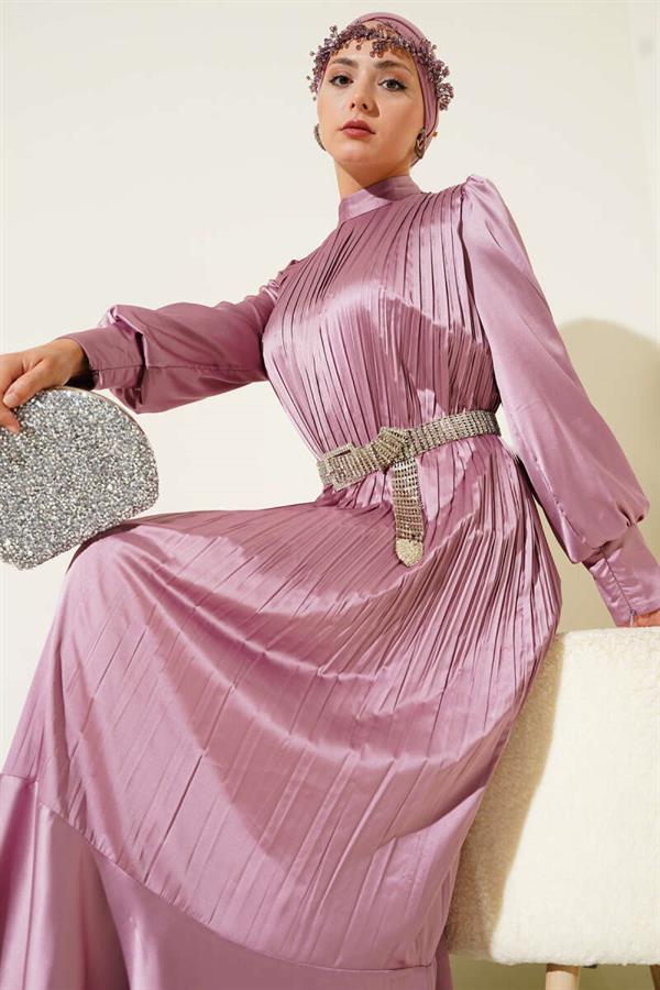 Pleated Evening Dress with Zippered Sleeves, Powder