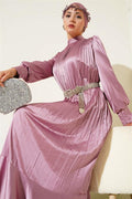Pleated Evening Dress with Zippered Sleeves, Powder