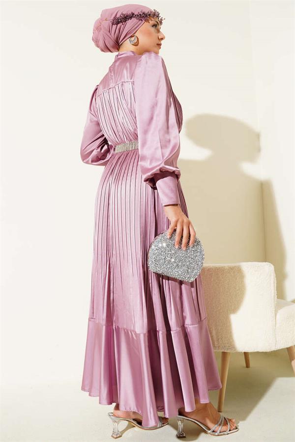 Pleated Evening Dress with Zippered Sleeves, Powder