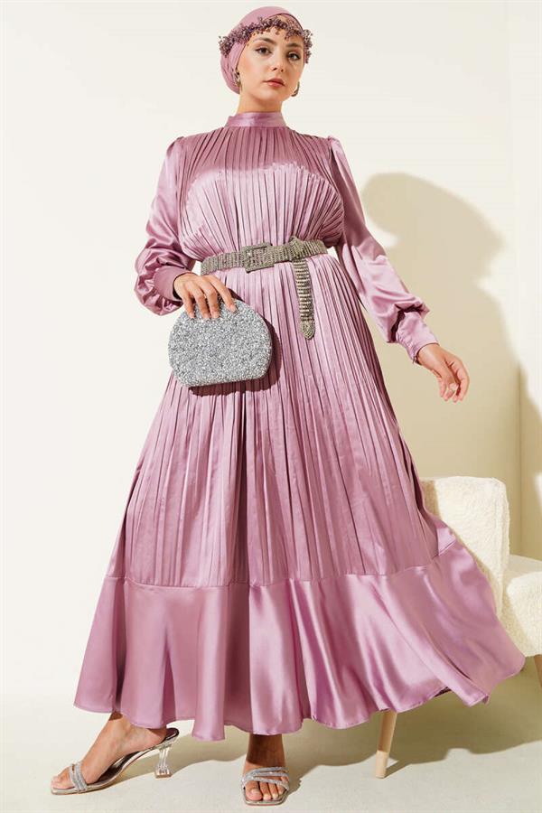 Pleated Evening Dress with Zippered Sleeves, Powder