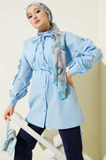 Ruffle Sleeve Rope Belted Shirt Baby Blue