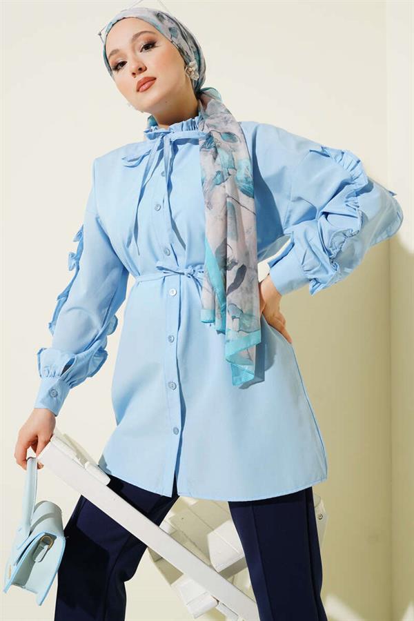 Ruffle Sleeve Rope Belted Shirt Baby Blue