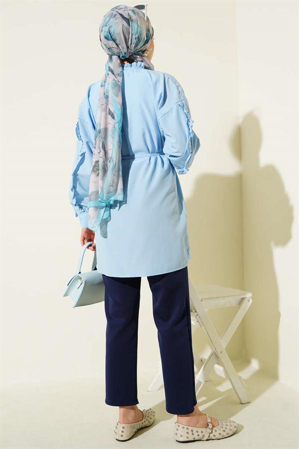 Ruffle Sleeve Rope Belted Shirt Baby Blue