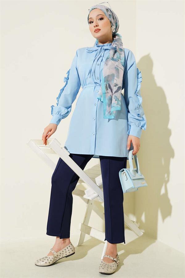 Ruffle Sleeve Rope Belted Shirt Baby Blue