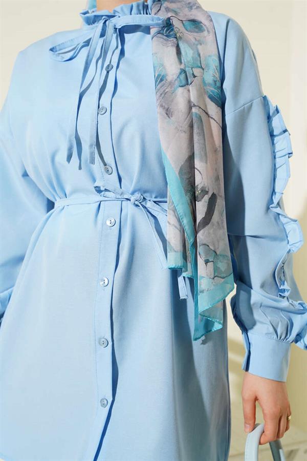 Ruffle Sleeve Rope Belted Shirt Baby Blue