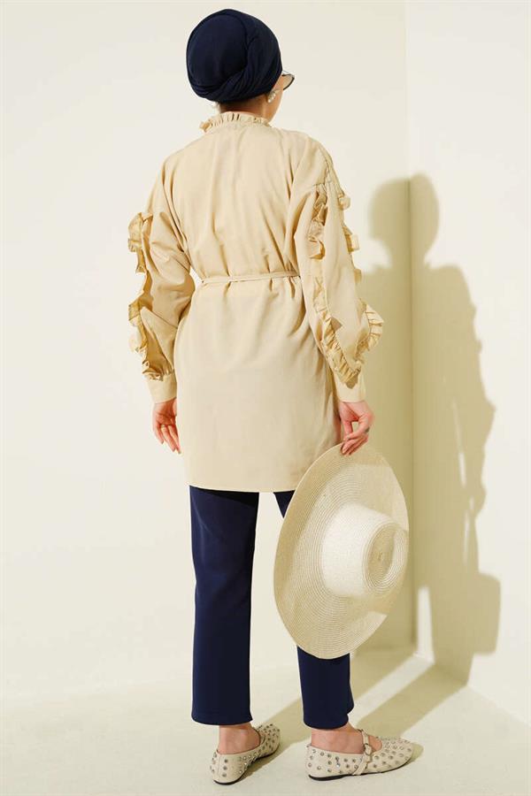 Ruffle Sleeve Rope Belted Shirt Beige