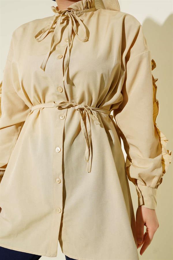 Ruffle Sleeve Rope Belted Shirt Beige